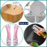 Load image into Gallery viewer, Pack x4 (50 pcs Papier Air fryer + 25 pcs Chiffons a vaisselle + Gant vaisselle + Bouteille de pulvérisation)
